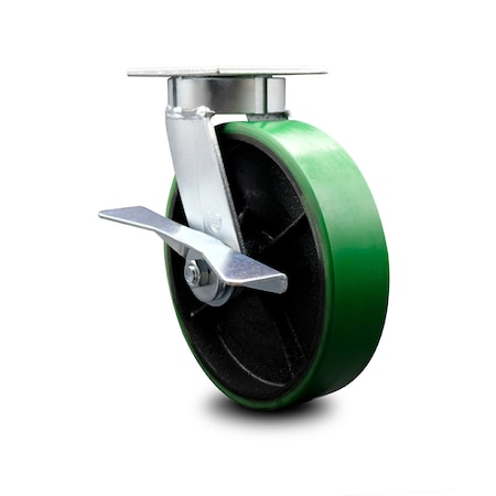 Service Caster 8 Inch Kingpinless Green Poly on Steel Wheel Swivel Caster with Brake SCC SCC-KP30S820-PUR-GB-SLB